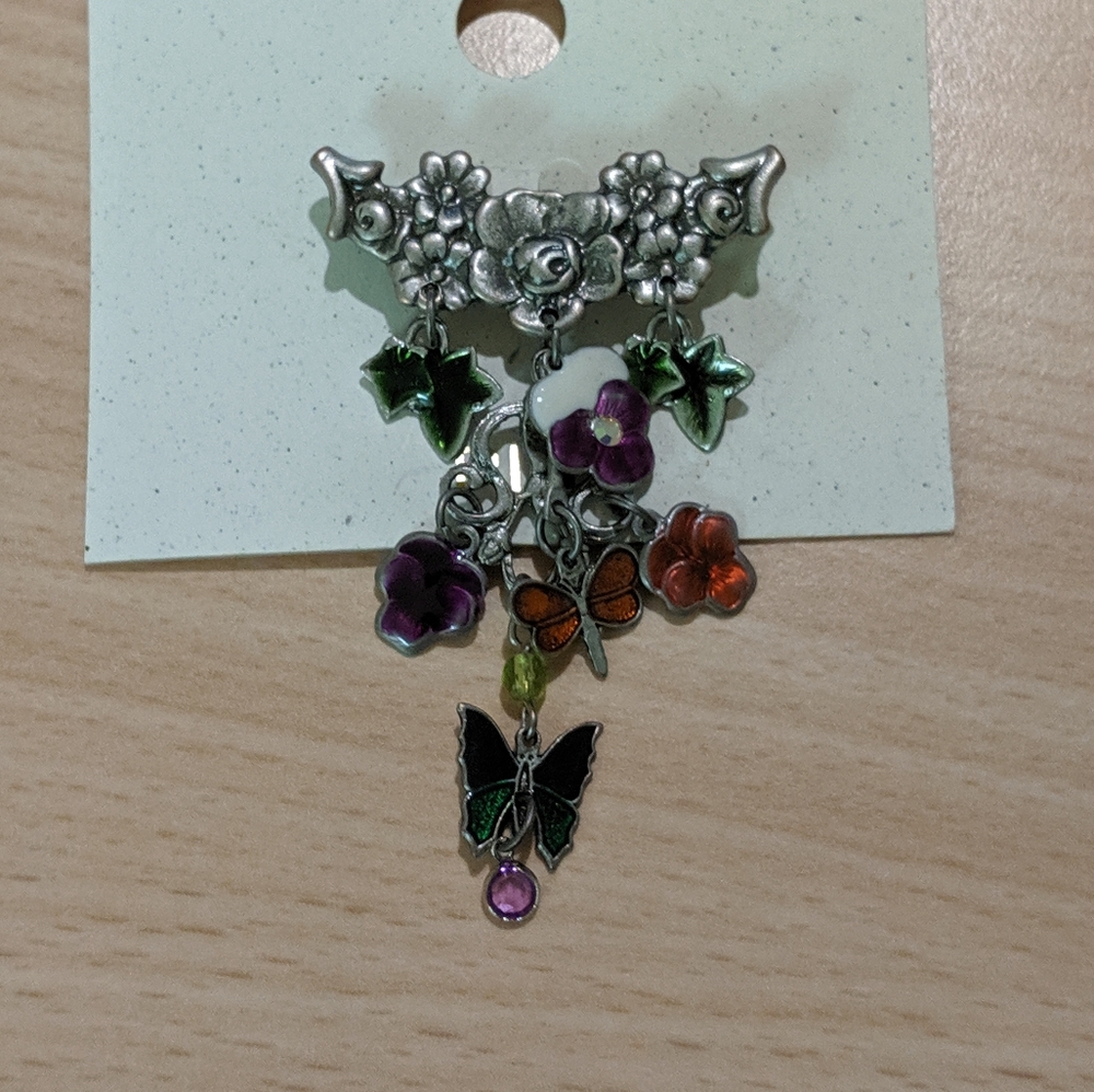 Vintage Floral Butterfly Dangle Brooch Pin Jewelry Mothers Day